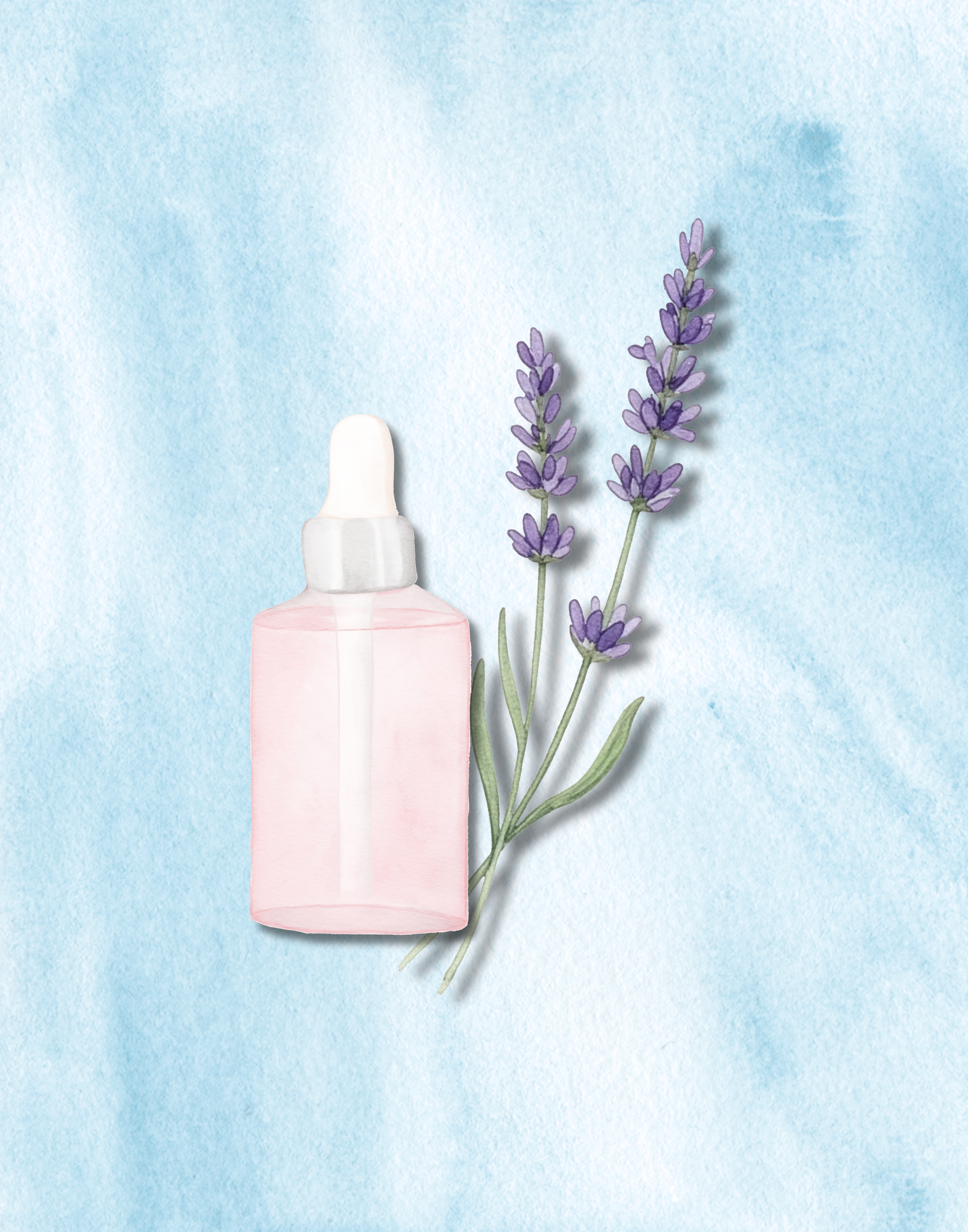 A bottle of medicine supplement with a dropper, a sprig of lavender flowers, and a soft pastel blue background.