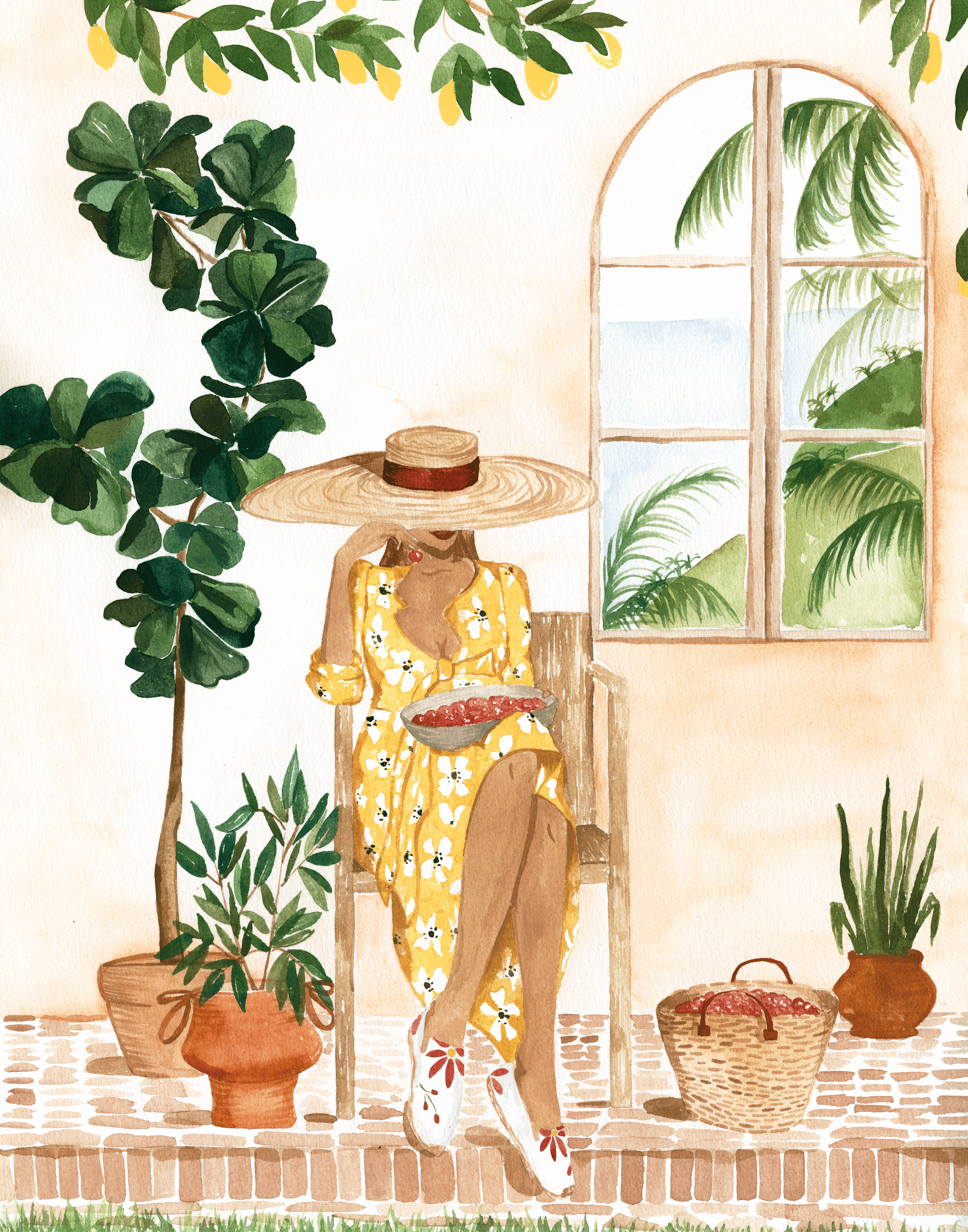 Watercolor illustration of a woman sitting outdoors, wearing a yellow floral dress and a wide-brimmed hat, holding a bowl of cherries. She is surrounded by potted plants, tall green trees, and a brick patio with a brick wall. A window with a view of green palm leaves is also visible.