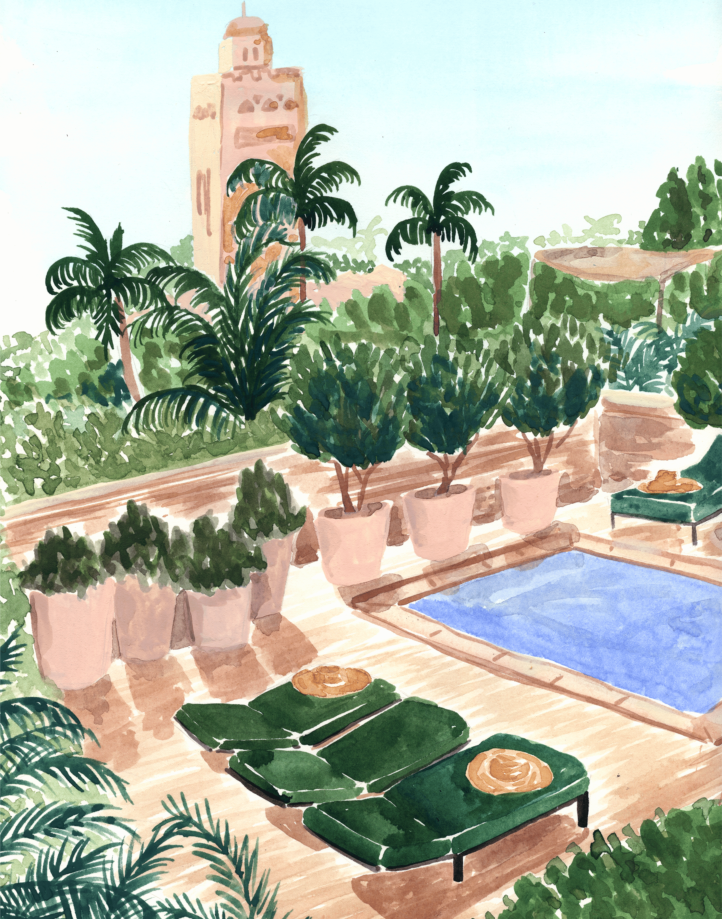 A painting of a tropical outdoor patio area with green potted plants, outdoor furniture with green cushions, and a swimming pool; a tall beige building with a clock tower is seen in the background under a clear blue sky.