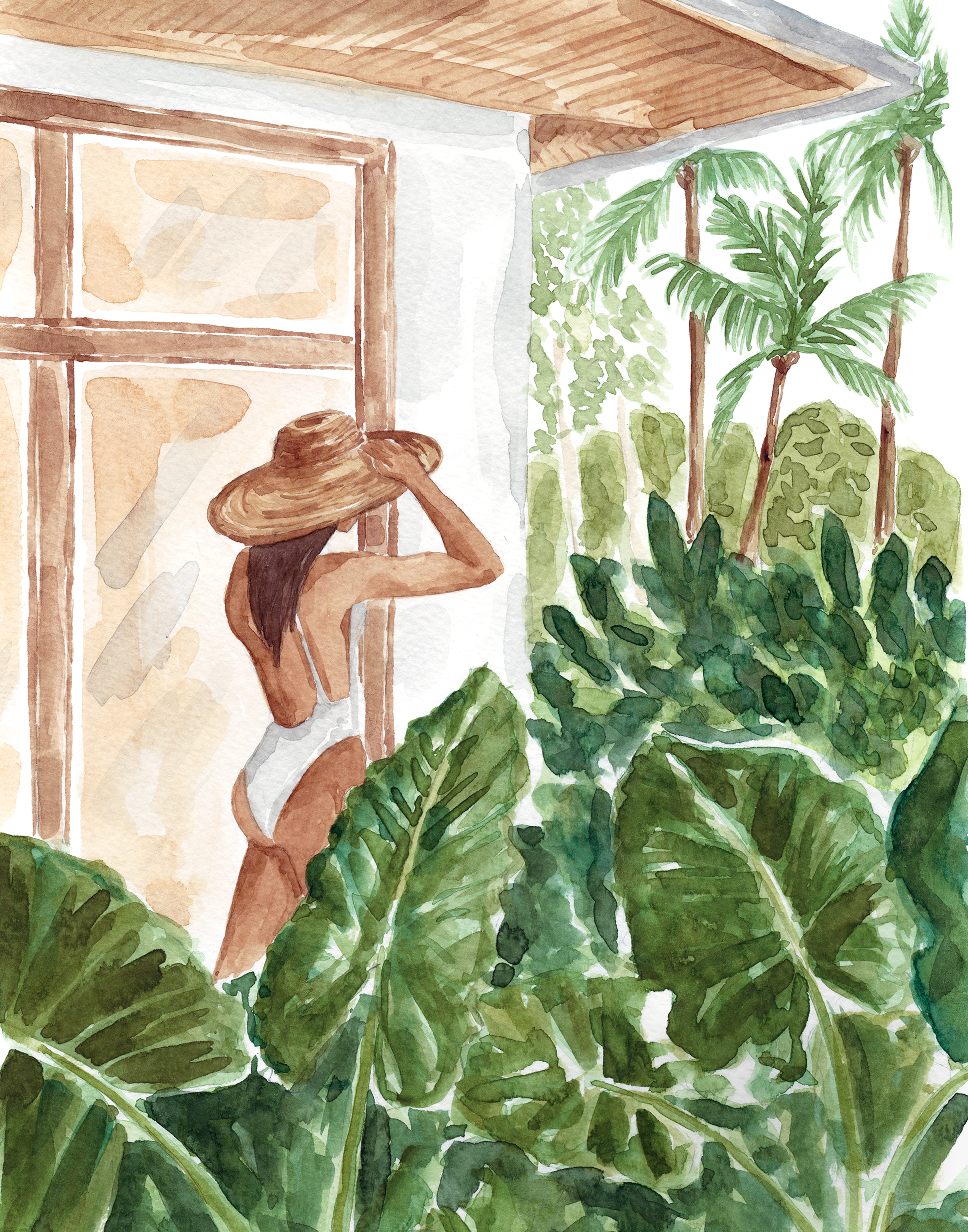 Watercolor painting of a woman wearing a wide-brimmed straw hat with lush greenery surrounding her. She appears to be standing outdoors near a building with a wooden ceiling and large windows.