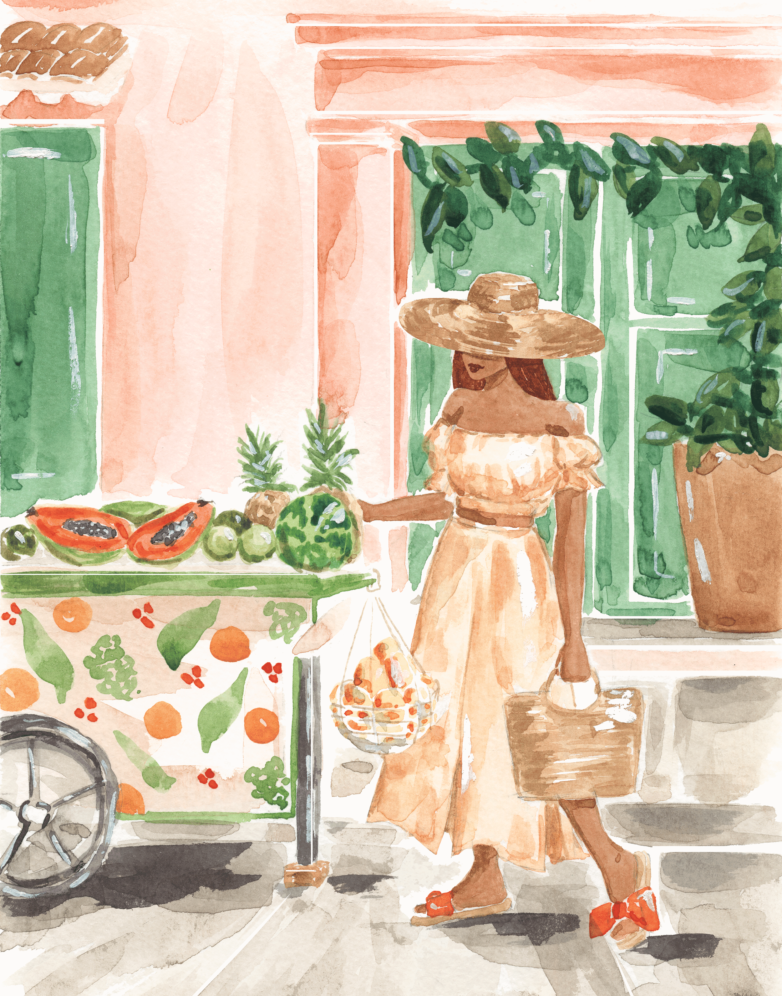 A woman wearing a wide-brimmed straw hat and a beige dress with an orange tint is walking past a green storefront display of fresh produce at a street market. The display includes halved papayas, passion fruits, and watermelons. The scene is shaded, with a cobblestone sidewalk.