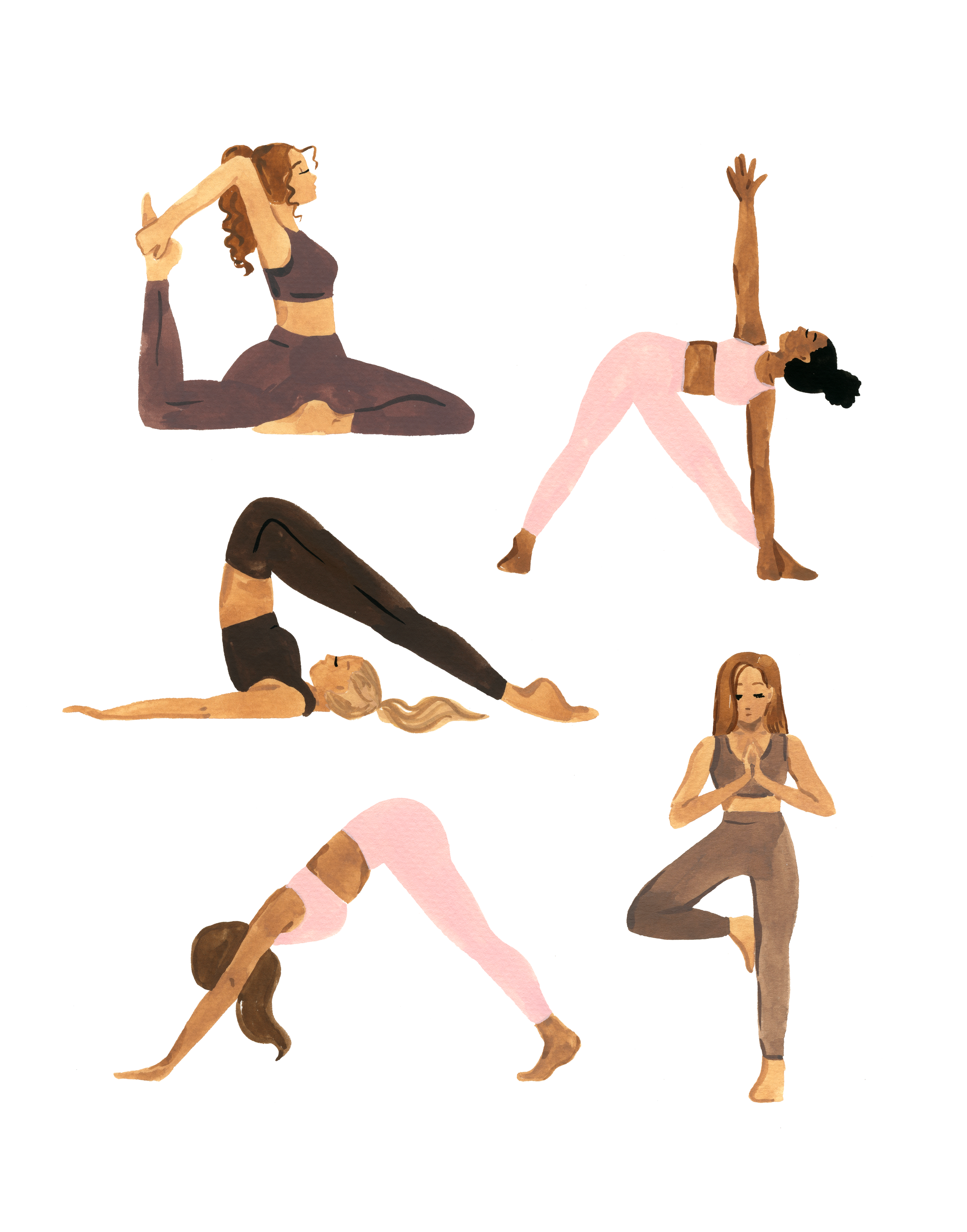 Watercolor illustration of women practicing yoga, each in different poses, wearing comfortable workout clothes.