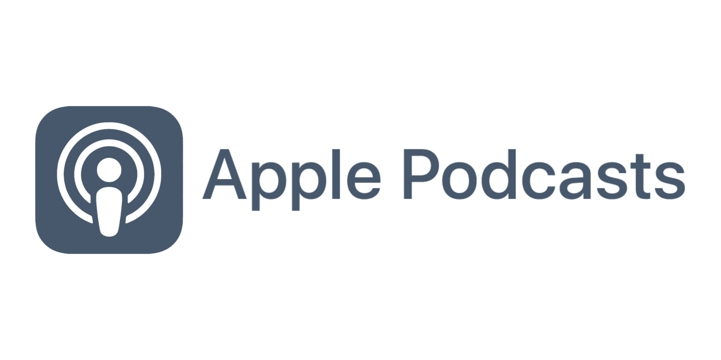 Apple Podcasts logo with text."Apple Podcasts" in dark grey next to a blue-grey icon with a stylized microphone inside a circle.