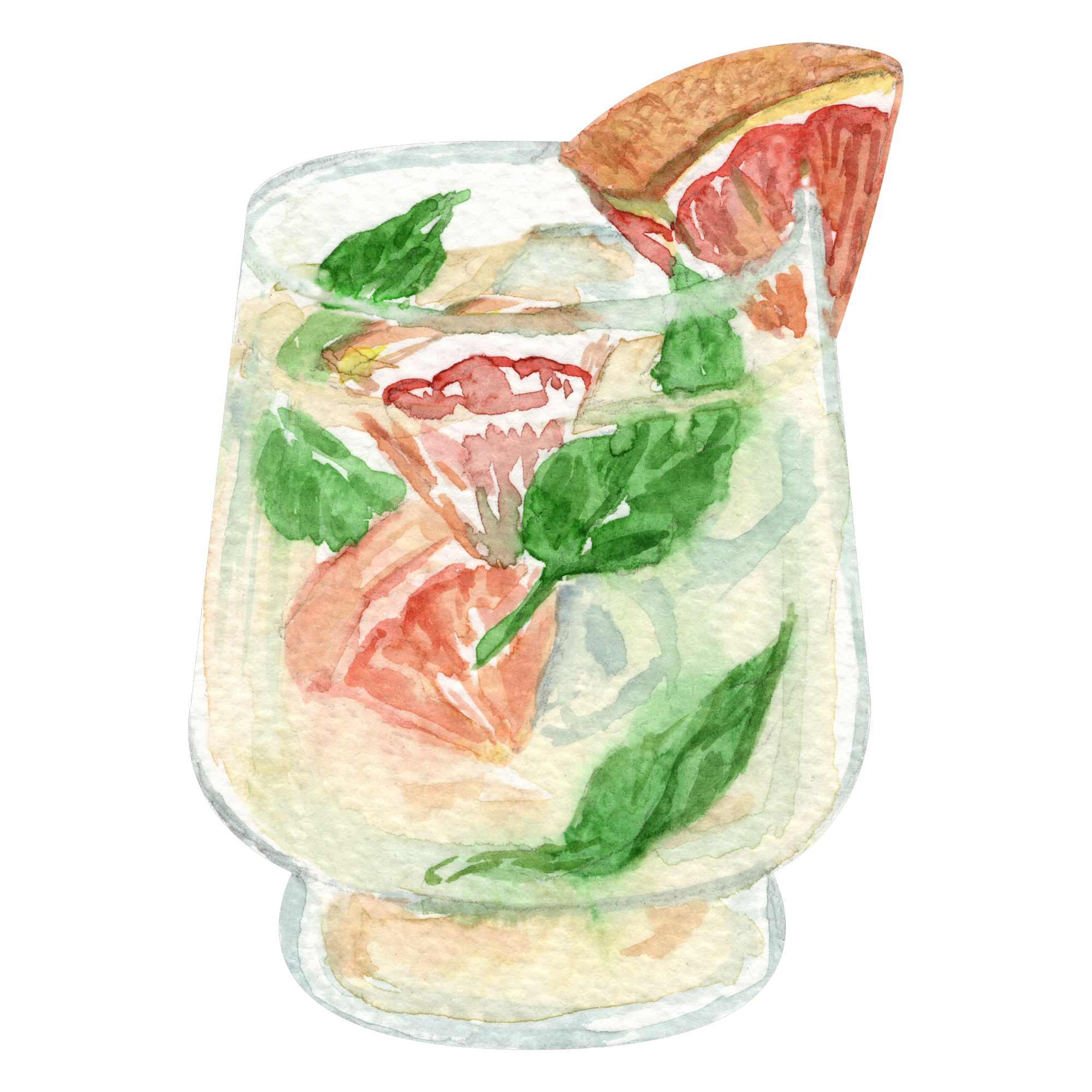 Watercolor painting of a cocktail with ice, citrus and garnishments.
