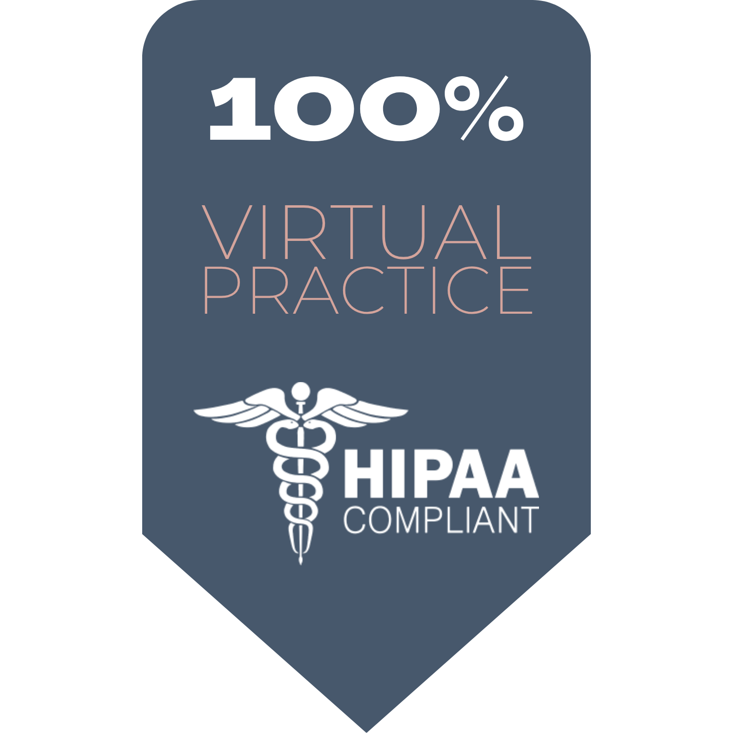 Badge indicating 100% virtual practice, HIPAA compliant, featuring a caduceus symbol.