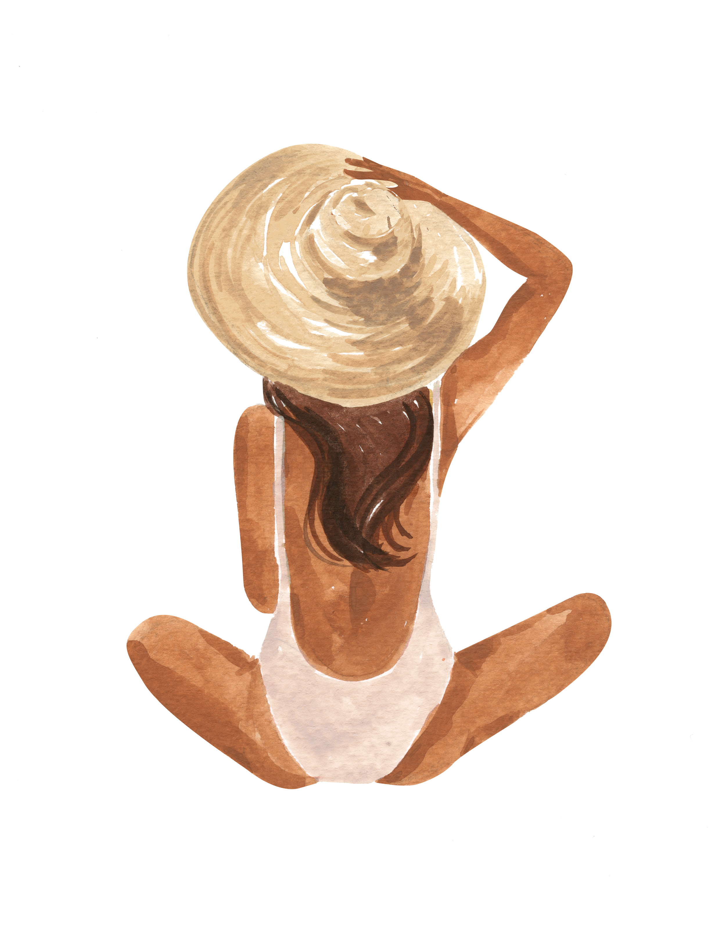 Watercolor painting of a person with long dark hair in a white swimsuit, sitting cross-legged with arms resting on knees, holding a large seashell to their face against a plain white background.