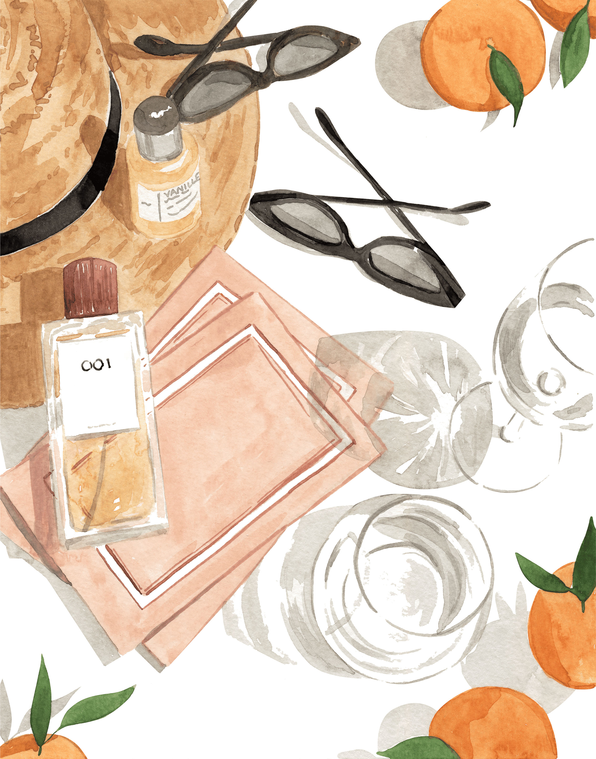 Watercolor painting of a still life arrangement including a brown paper bag, sunglasses, a vanilla perfume bottle, an orange, and leaves on a decorative tray with oranges scattered around.