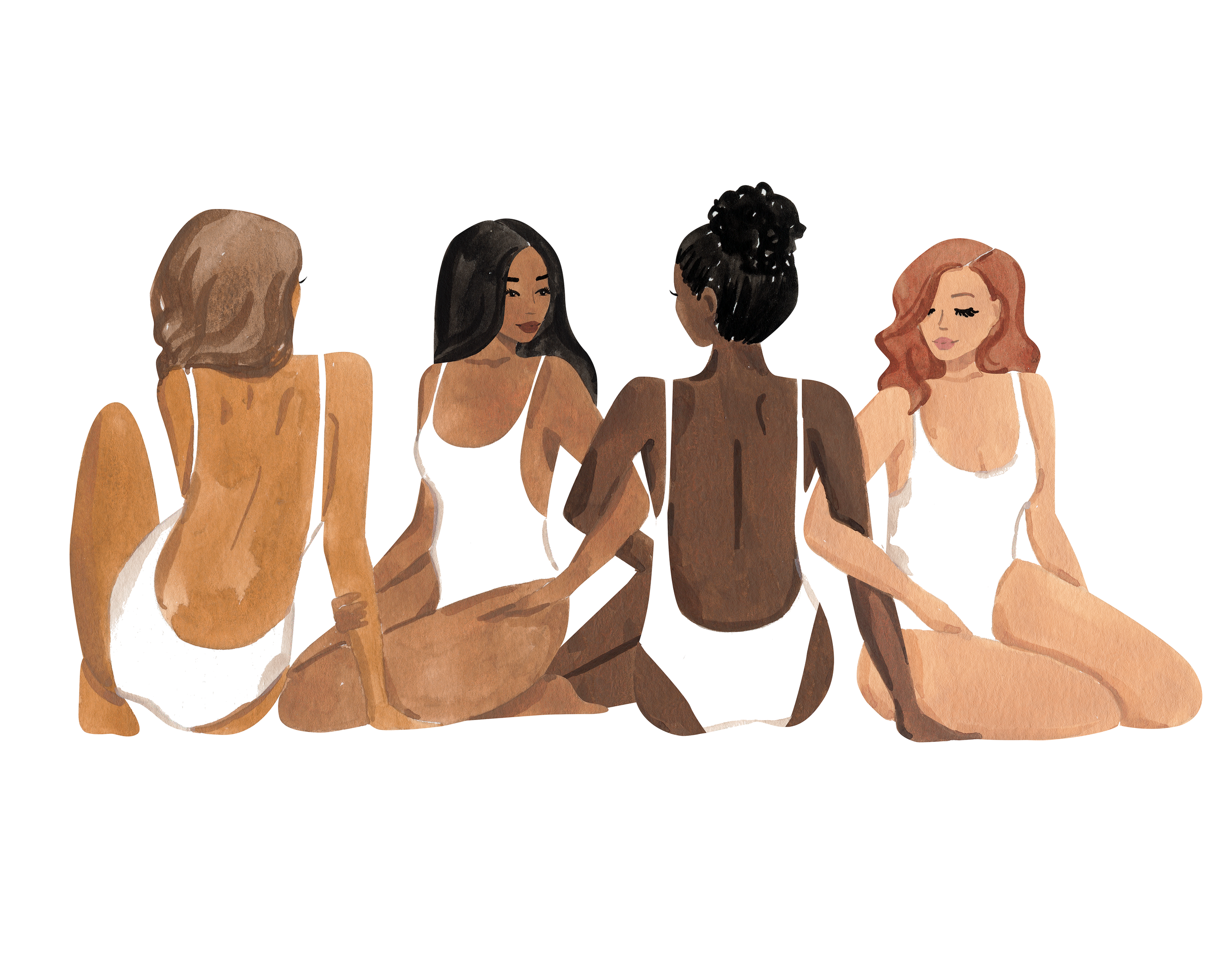 Illustration of four women with diverse skin tones and hairstyles, standing together in white outfits with their arms linked.