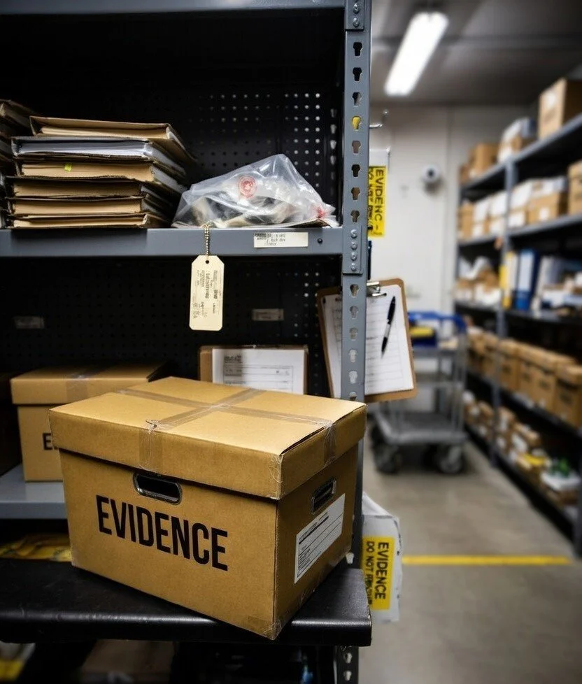 A cardboard evidence box on a table in a storage room surrounded by shelves with boxes and office supplies.