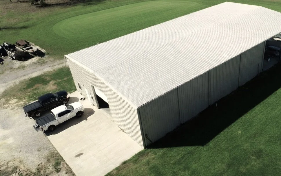 An aerial view of a large metal storage building with four parked pickup trucks and a gravel area nearby.