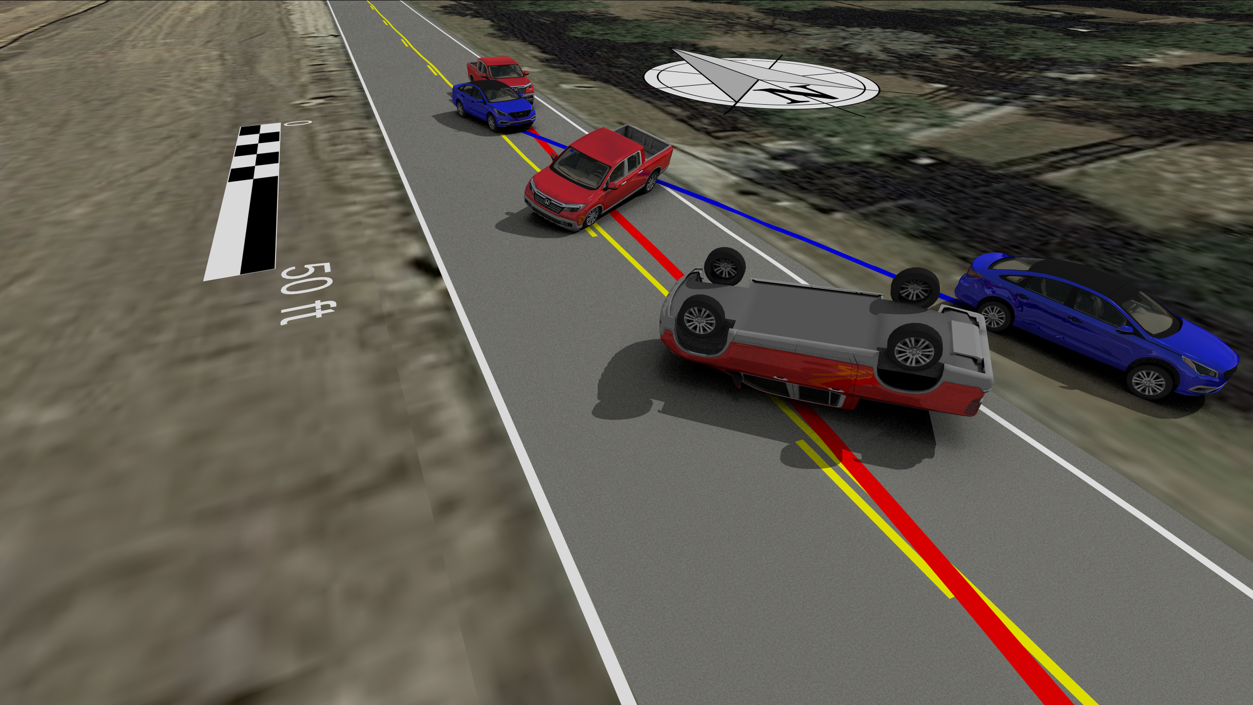 A car accident scene on a road with an overturned vehicle and several parked and moving cars, including a blue and a red car. The overturned car is resting on its roof, blocking part of the road. There are red, yellow, and blue lines indicating possible skid marks or paths of vehicles involved. There is a 50 ft marking on the road along with a compass rose in the background.