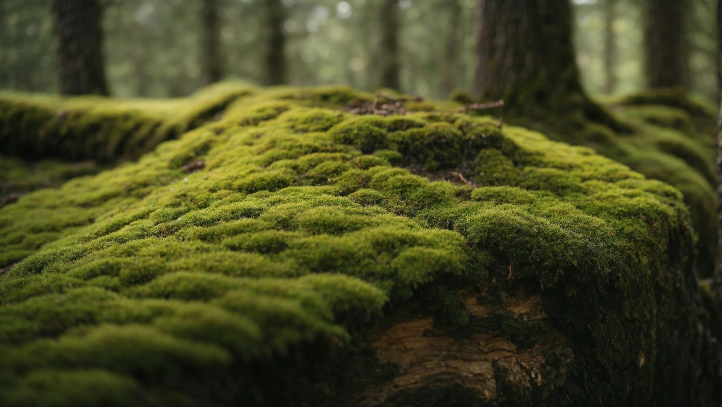 Close-up of moss-covered fallen tree in a blurry forest.