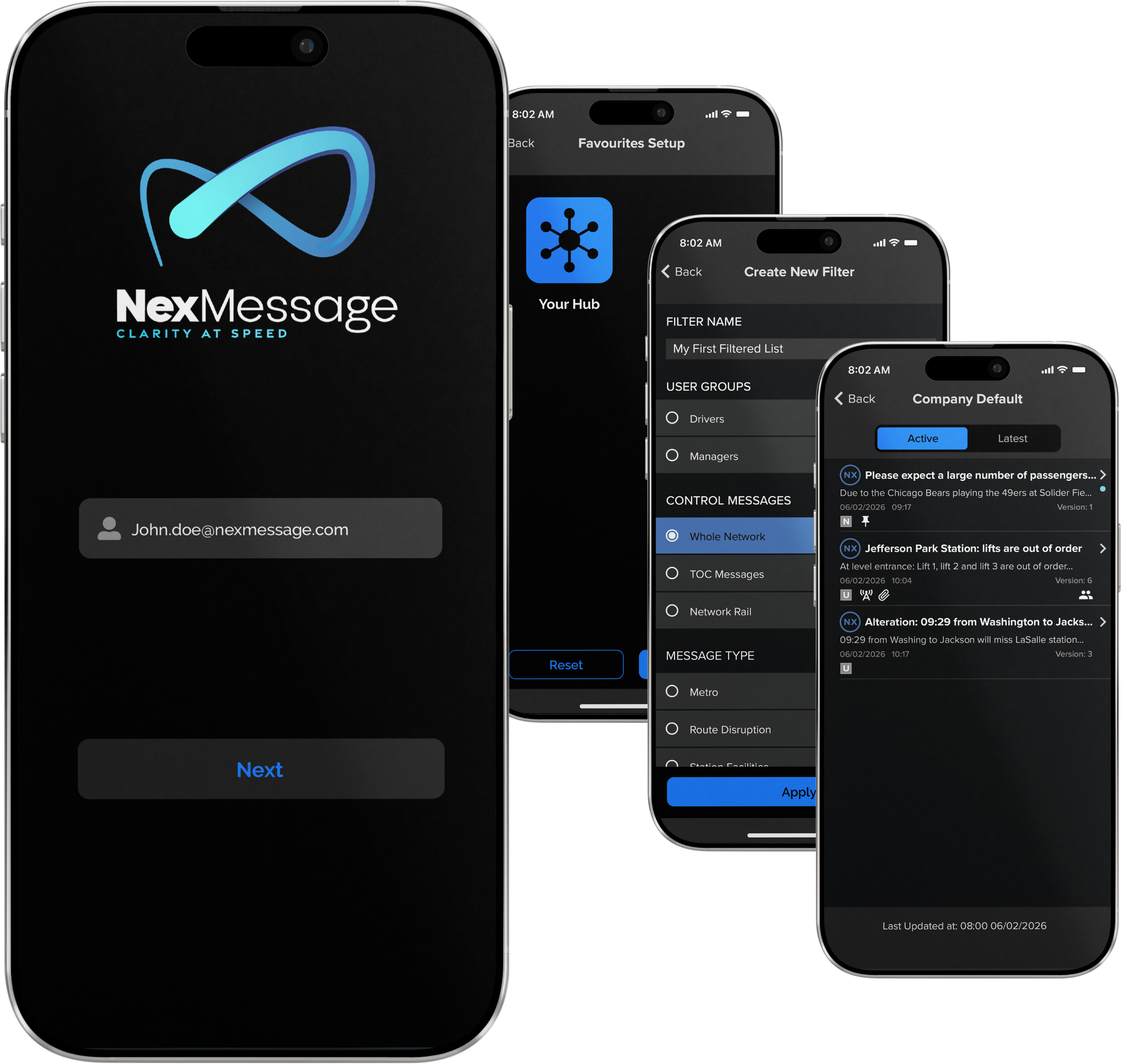Multiple smartphones displaying app screens, including NexMessage and settings menus, with a dark background.