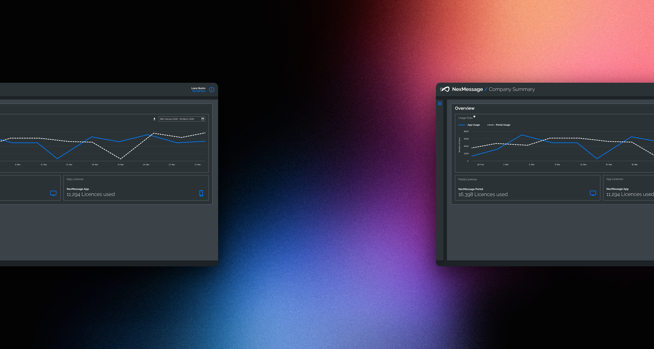 Two computer screens displaying data graphs and statistics on usage and licenses. The background features a gradient from pink to dark blue.