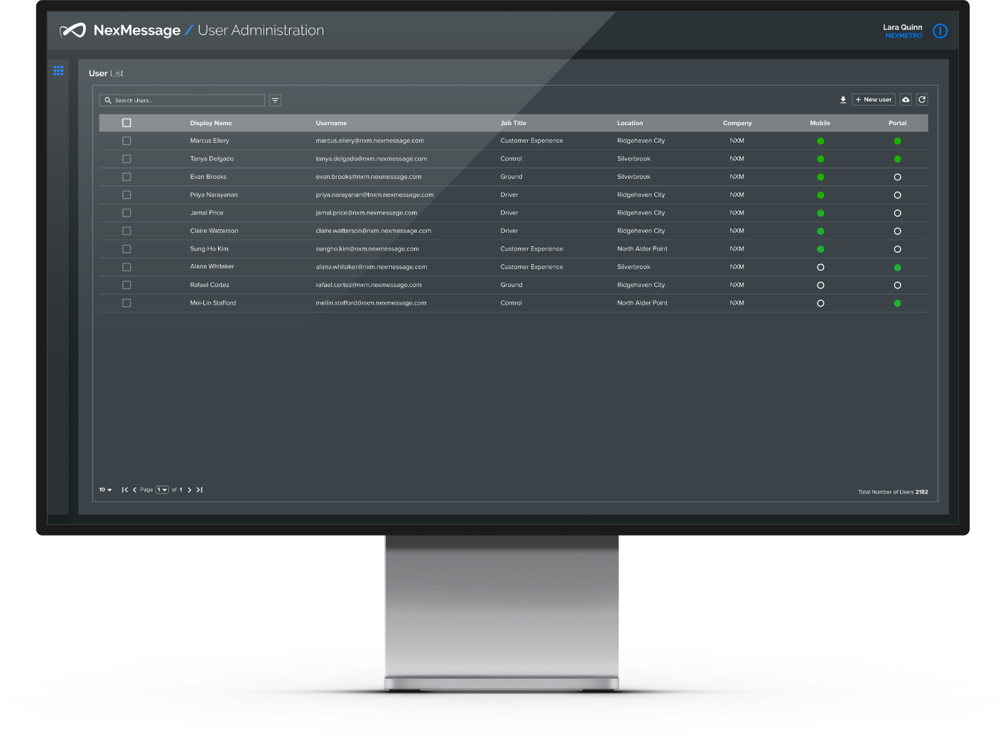 Computer screen displaying a user management interface with a list of users, their email addresses, job titles, locations, companies, and mobile and portal status indicators.
