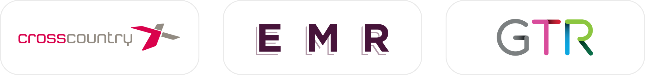 Logos of CrossCountry, EMR, and GTR train services.