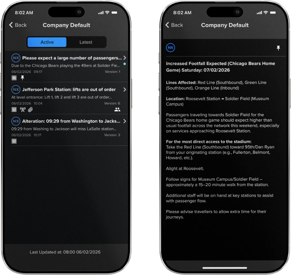 Screenshots of a mobile app displaying transit alerts for the Chicago Bears home game on July 2, 2026, including train line updates and directions to Soldier Field.