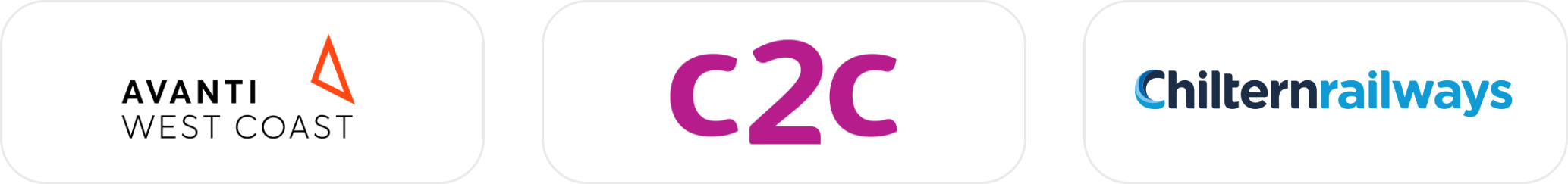 Three logos: Avanti West Coast, C2C, and Chiltern Railways.