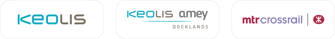 Logos of KEOLIS, KEOLIS AMEY DOCKLANDS, and MTR Crossrail.