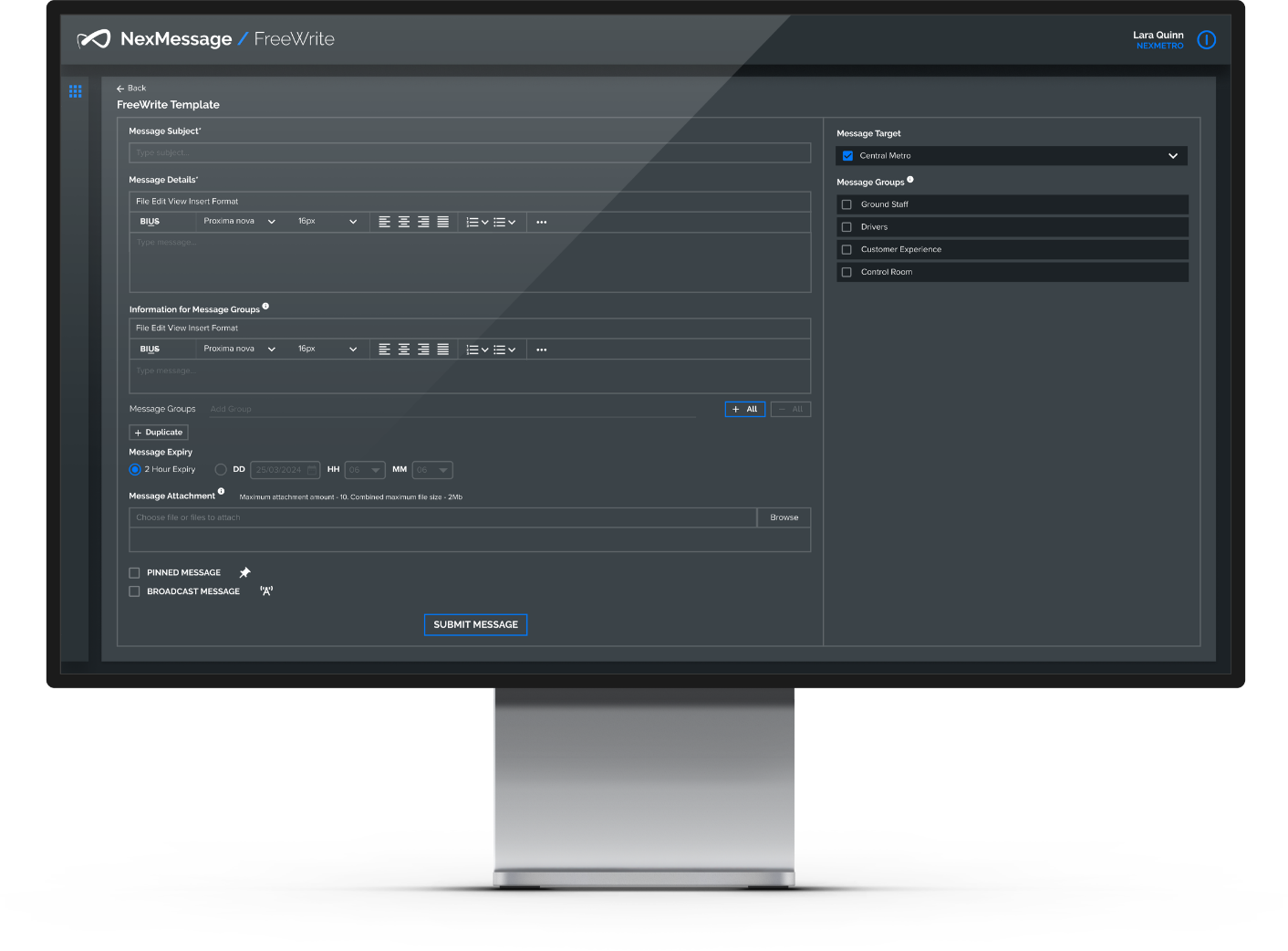 Computer monitor displaying a messaging interface called NexMessage / FreeWrite with various fields for composing and sending messages, and a user named Lara Quinn logged in.