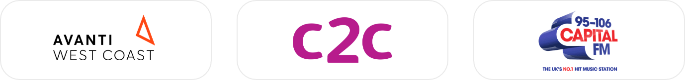 Logos of AVANTI WEST COAST, C2C, and CAPITAL FM radio station, with their respective branding and slogans.