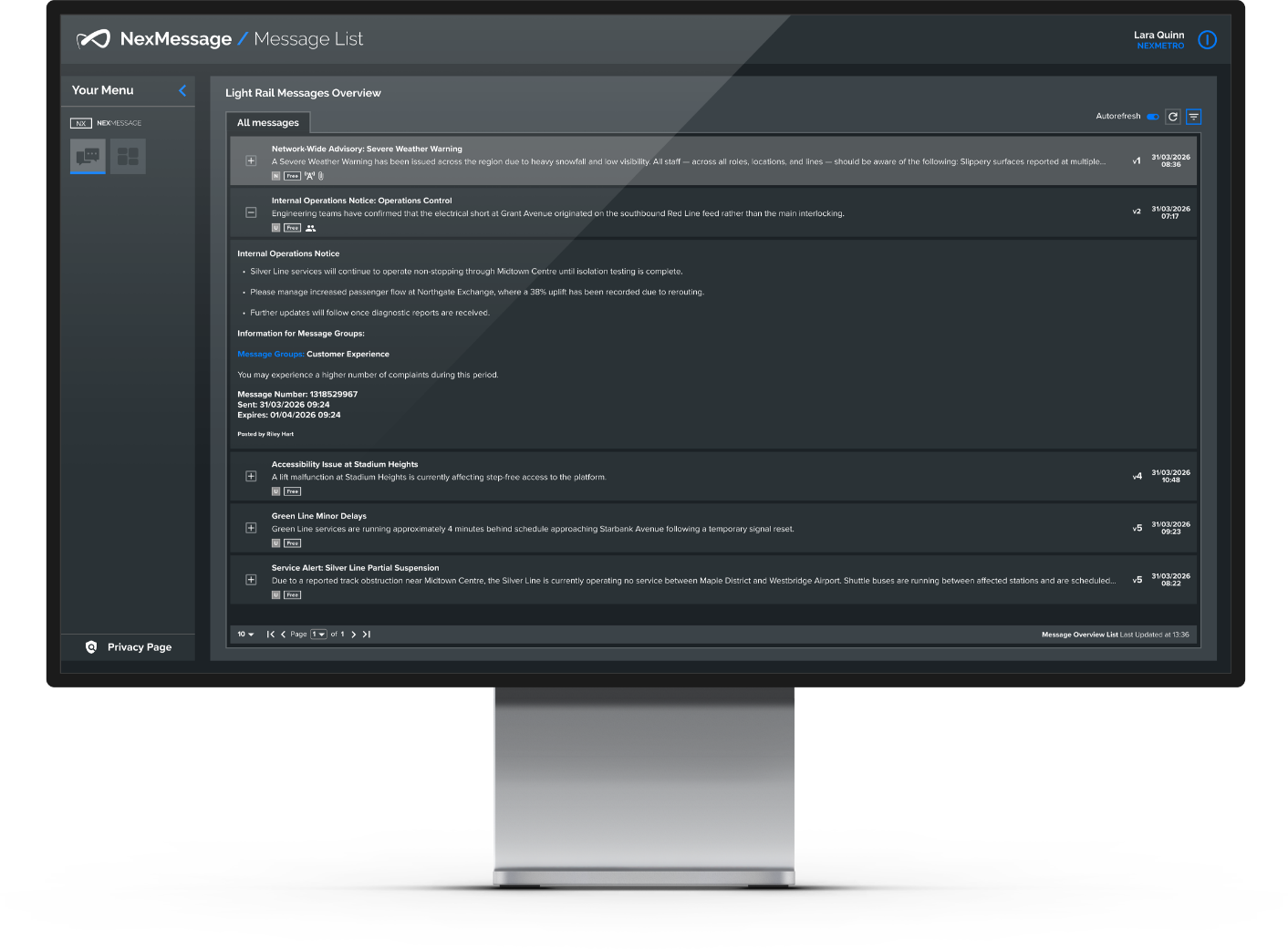 Computer monitor displaying a message management interface with various alerts and updates.