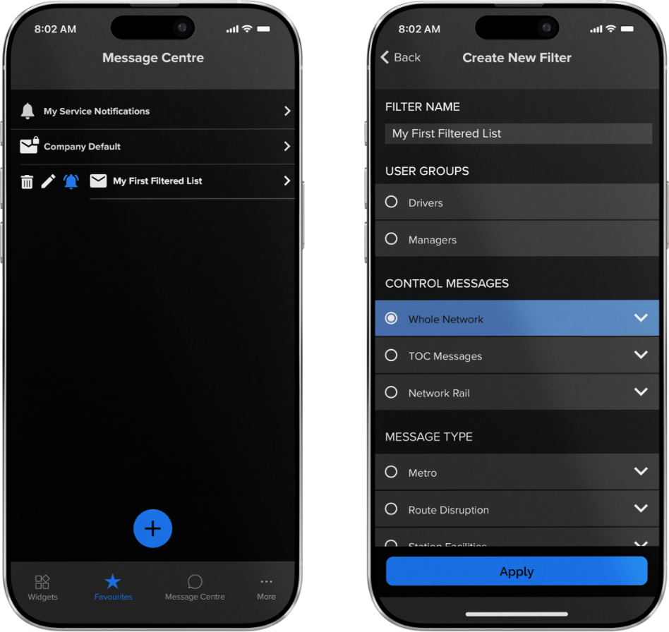 Screenshots of a mobile app interface showing message notifications and creating filtered messages, with options for filter name, user groups, control messages, and message types.
