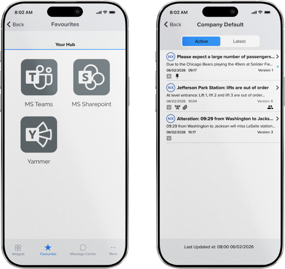 Two smartphone screens displaying a messaging app interface; the left screen shows a favorites tab with icons for MS Teams, MS SharePoint, and Yammer; the right screen shows a messages list with three notifications about train delays and station updates.