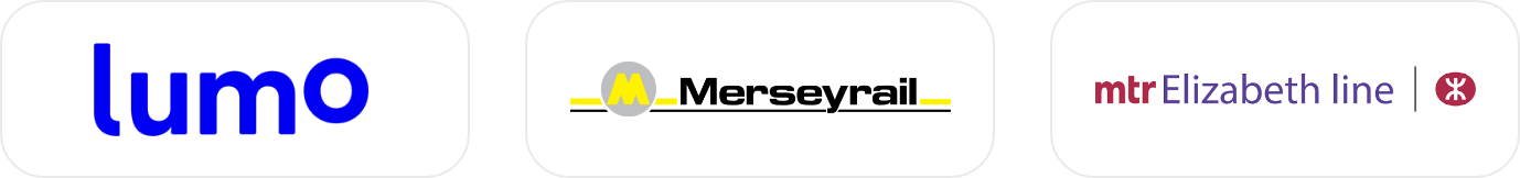 Three logos of different transportation or metro services: the first says "lumo" in blue lowercase letters, the second says "M_merseyrrail" with a yellow letter M in a circle and yellow lines, and the third says "mtr Elizabeth line" with a pink and purple color scheme.