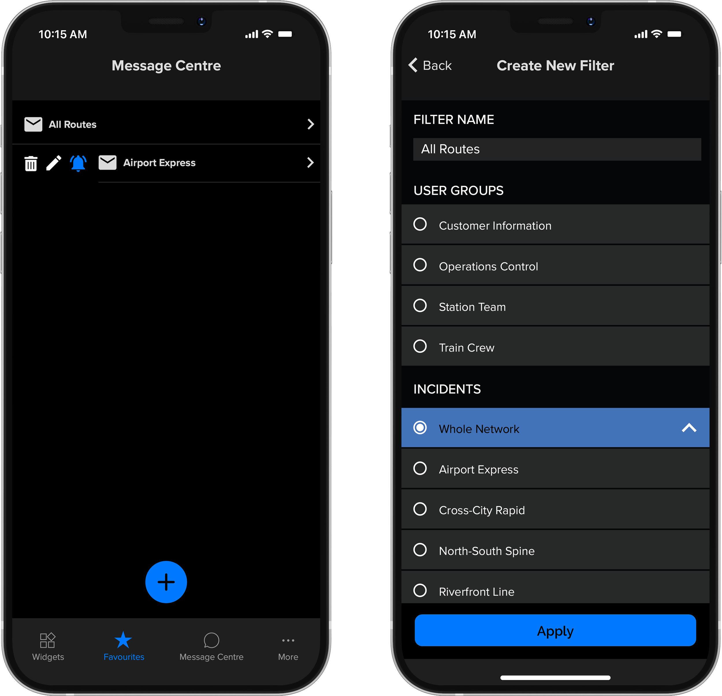 Screenshots of a mobile app interface showing a message center with routes, filters, and customization options for user groups, incidents, and network settings.