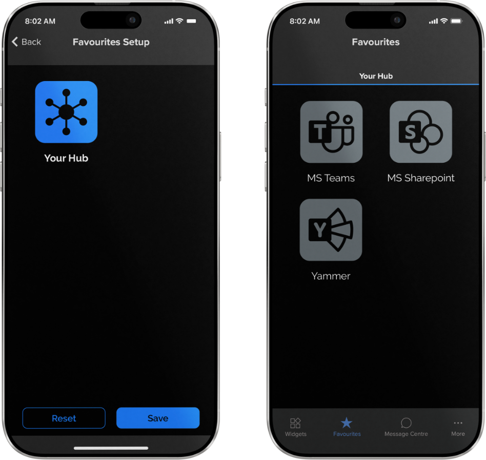 Screenshot of a mobile app interface showing the setup and selection of favorite apps. The setup screen displays a blue icon for 'Your Hub,' and the favorites screen shows icons for MS Teams, MS SharePoint, and Yammer.