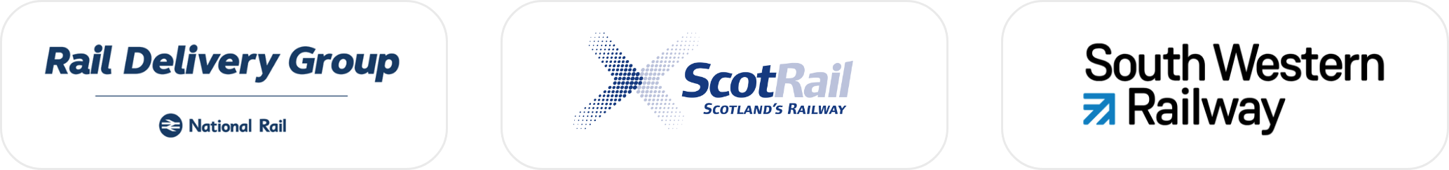 Three logos of railway companies: Rail Delivery Group with a National Rail logo, ScotRail with Scotland's Railway, and South Western Railway.
