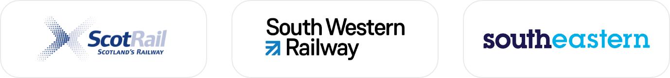 Logos of ScotRail, South Western Railway, and Southeastern train companies.