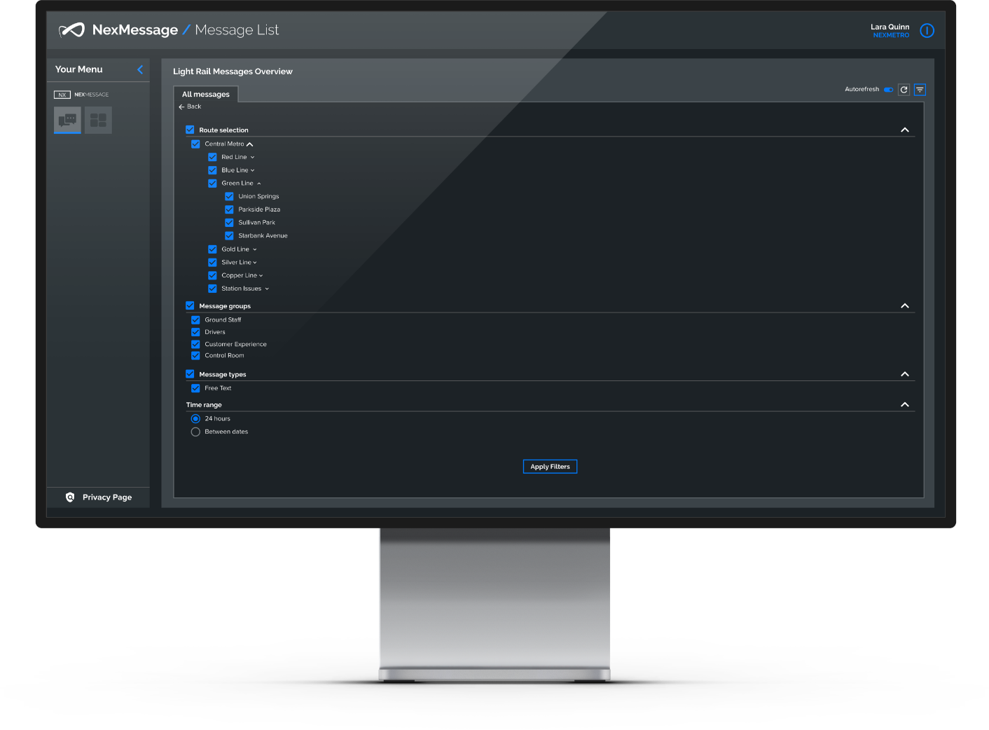Computer screen displaying a software interface titled 'Light Rail Messages Overview' with various filter options for message groups, routes, message types, and time range. The user's name 'Lara Quinn' is visible at the top right.
