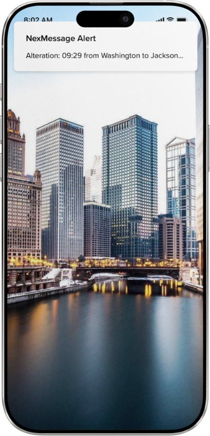 Smartphone screen displaying a notification and a cityscape with tall buildings and a waterway.