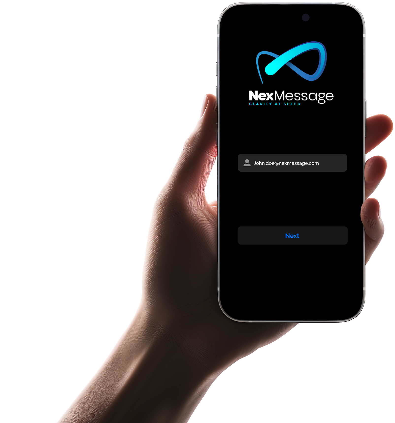 Close-up of a hand holding a smartphone displaying the NexMessage app login screen with a logo and an email address.
