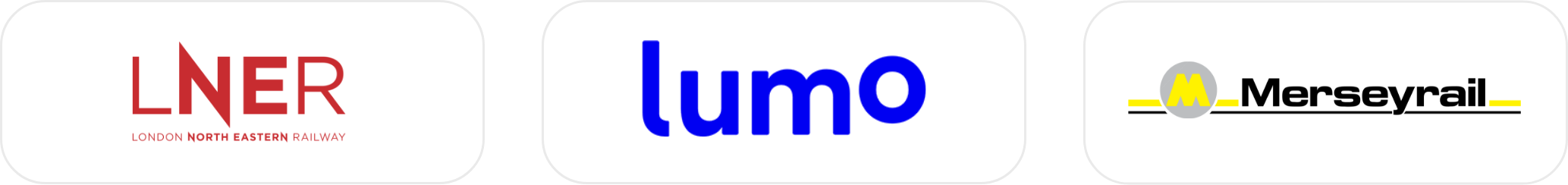 Logos of three transportation companies: London North Eastern Railway (LNER), Lumo, and Merseyrail.