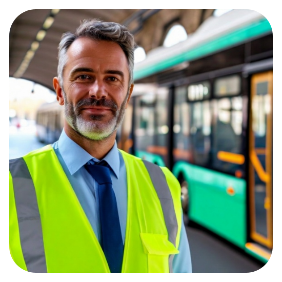 A man in a blue shirt and tie wearing a bright yellow safety vest stands in front of a bus at a bus station.