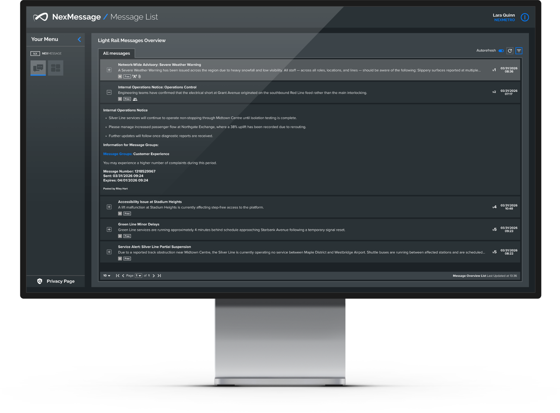 A computer monitor displaying a message list interface from NexMessage, showing various alerts, notices, and updates related to transportation and service issues on a dark-themed background.