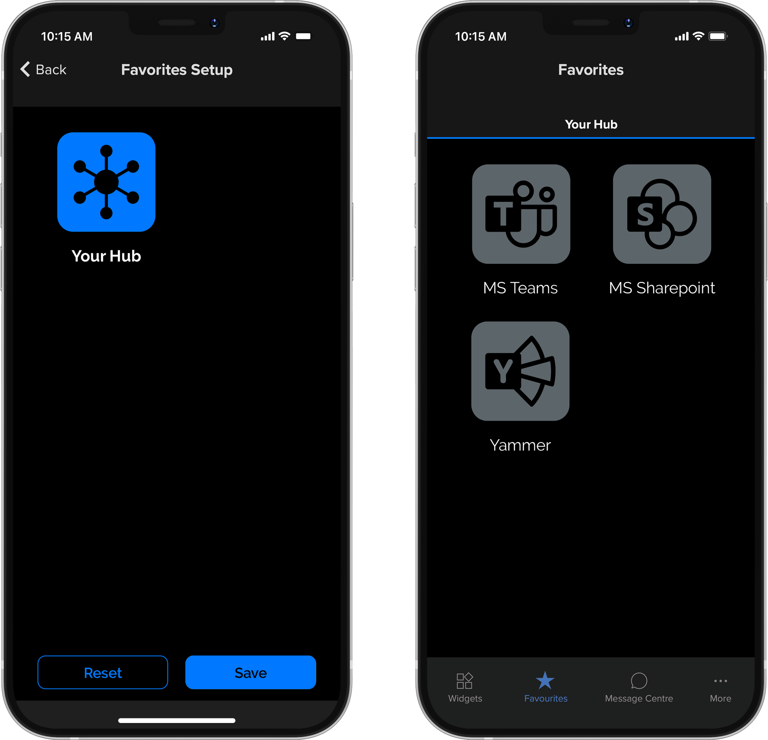 Screenshots of a smartphone app interface showing different screens within a 'Favorites' feature. The first screen displays a blue icon with a network diagram and the text 'Your Hub'. The second screen shows icons for various apps such as MS Teams, MS SharePoint, and a few other features, with the menu at the bottom including 'Widgets', 'Favorites', 'Message Centre', and 'More'.