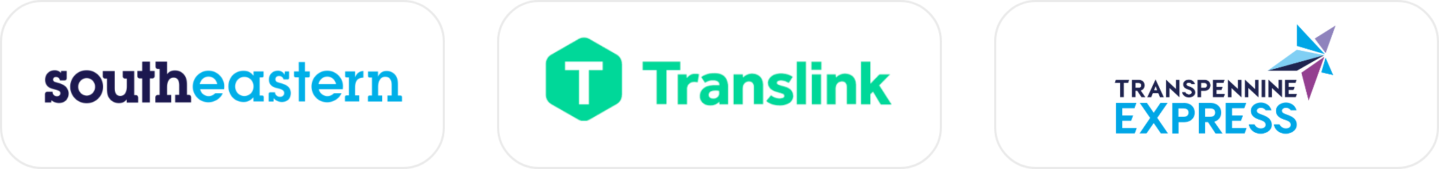 Logos of SouthEastern, Translink, and Transpennine Express