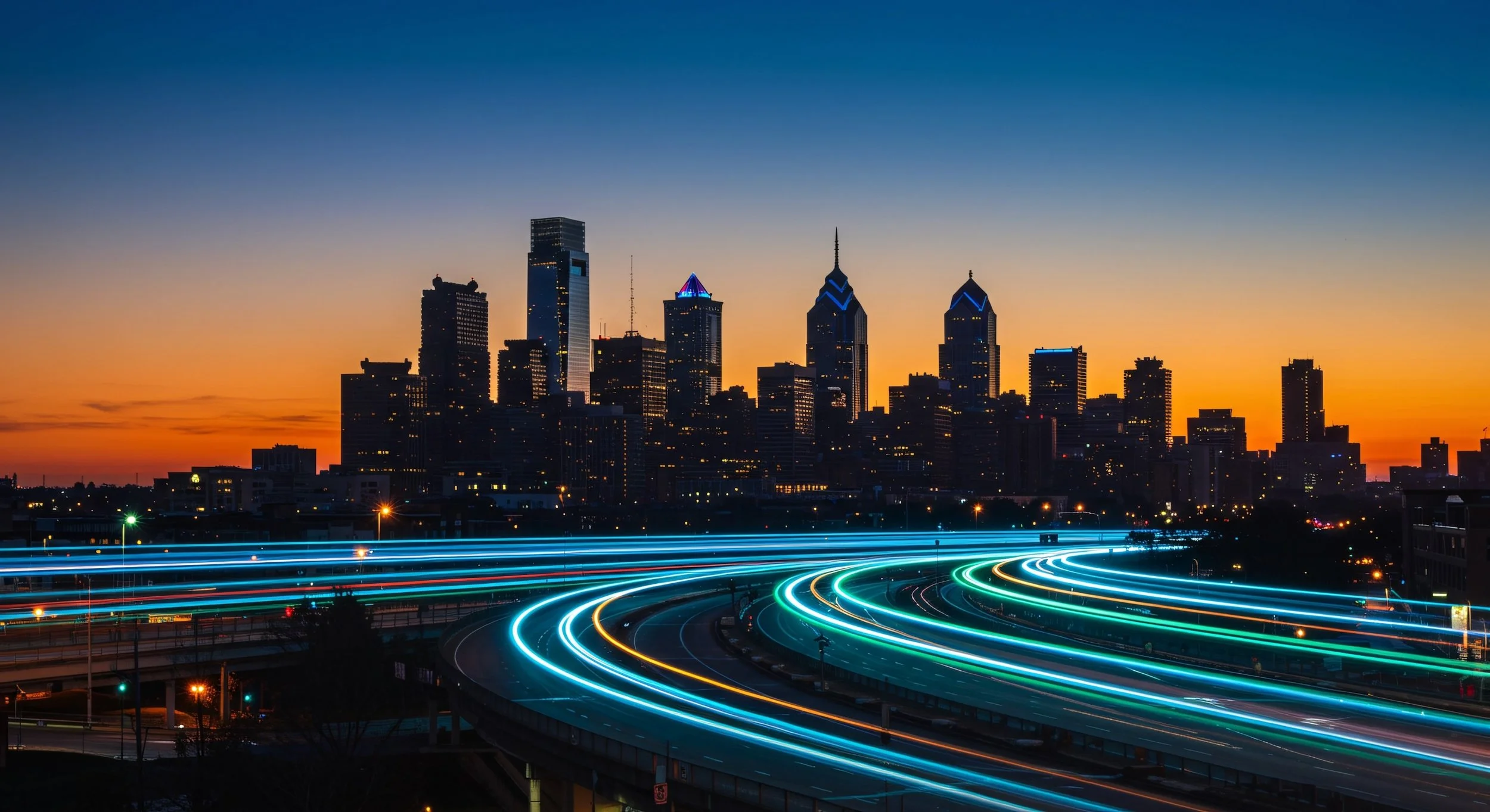 Skyline of a city at sunset with tall buildings, some illuminated with blue lights, and streaks of colorful light trails from moving vehicles on a highway in the foreground.