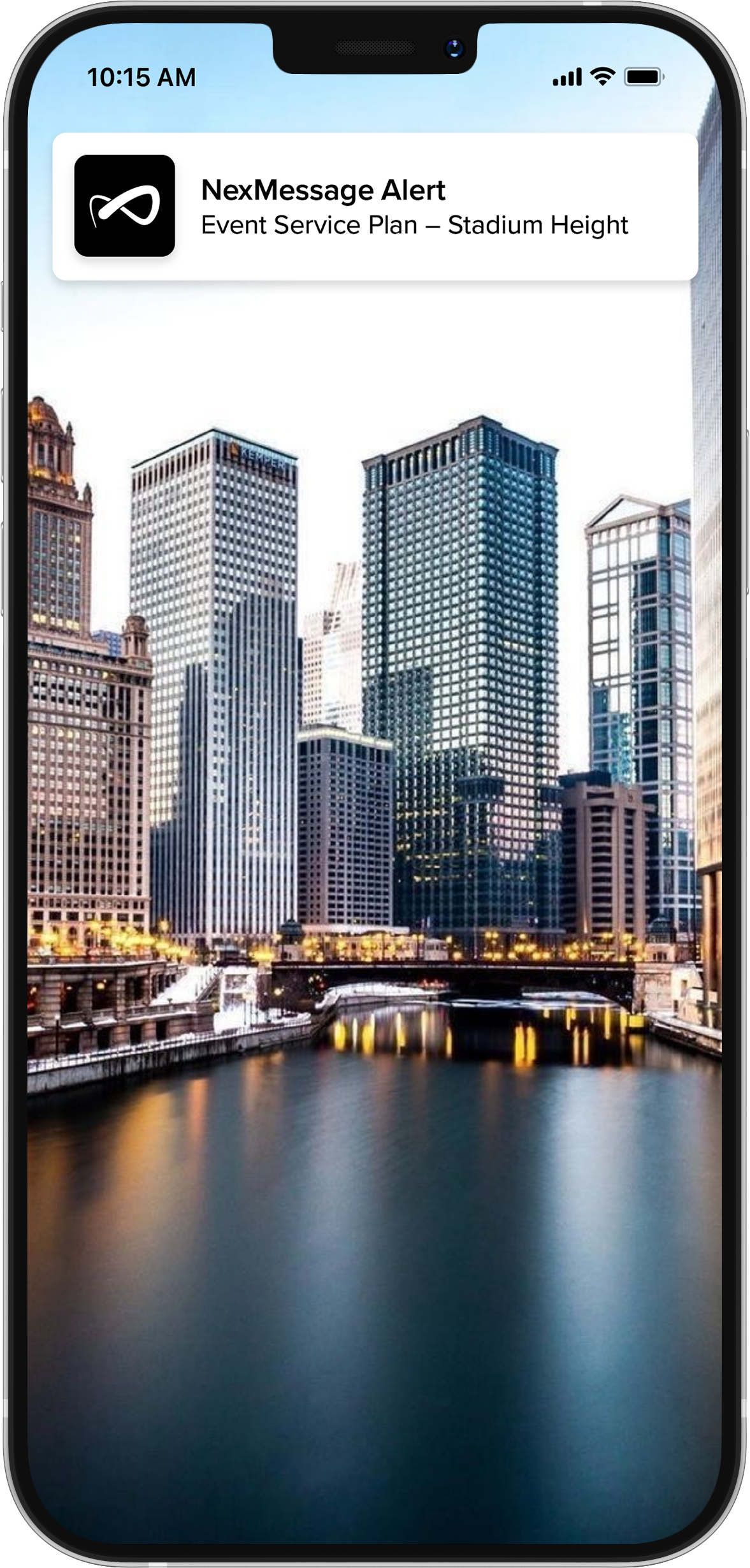 A city skyline with tall modern skyscrapers along a river at dusk, with city lights reflecting on the water and a notification alert about an event service plan for Stadium Height