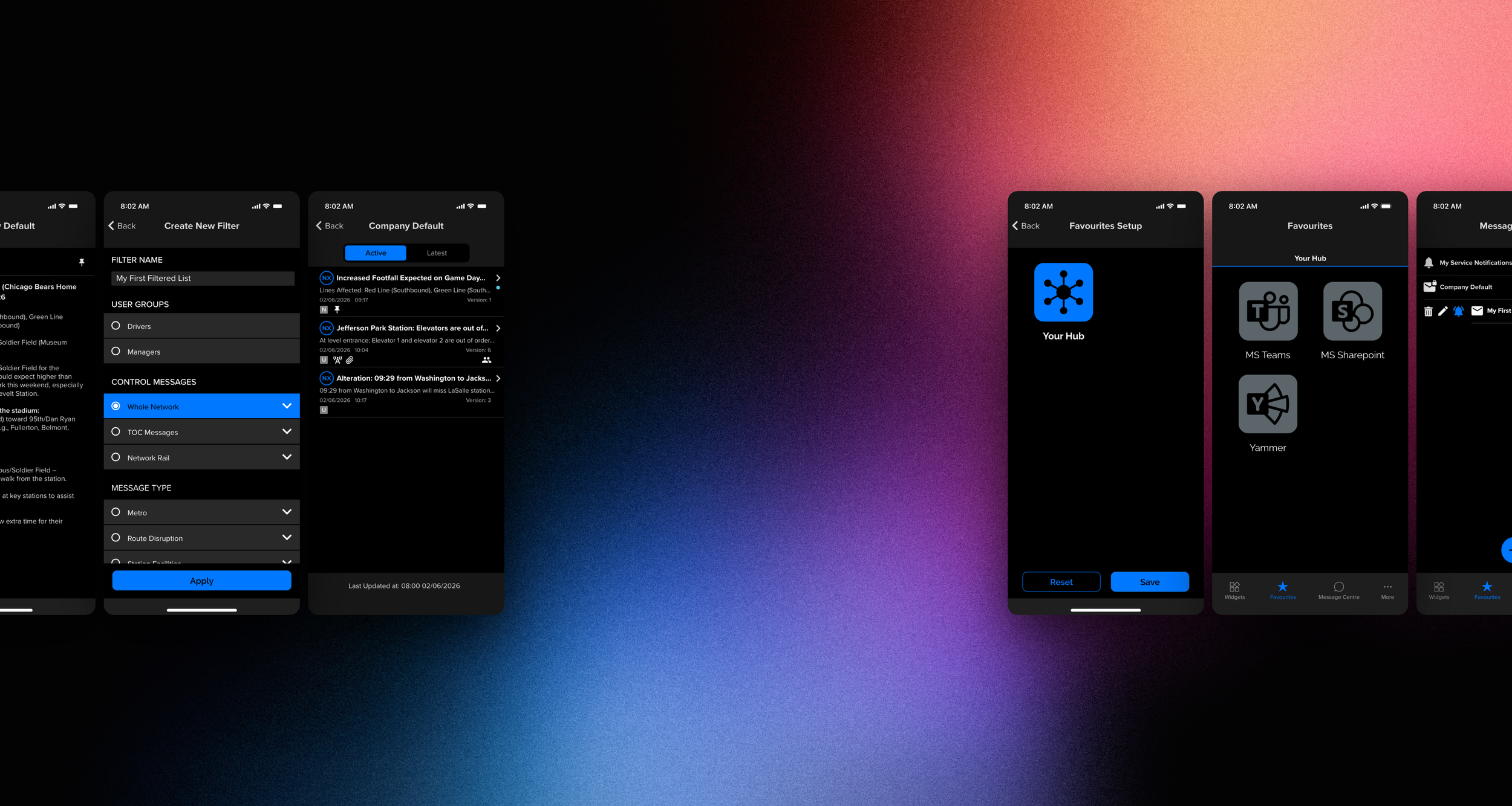 Screenshots of a mobile app interface showing filter creation, default settings, setup for favorites, and a message center with icons for notifications, settings, and favorites.