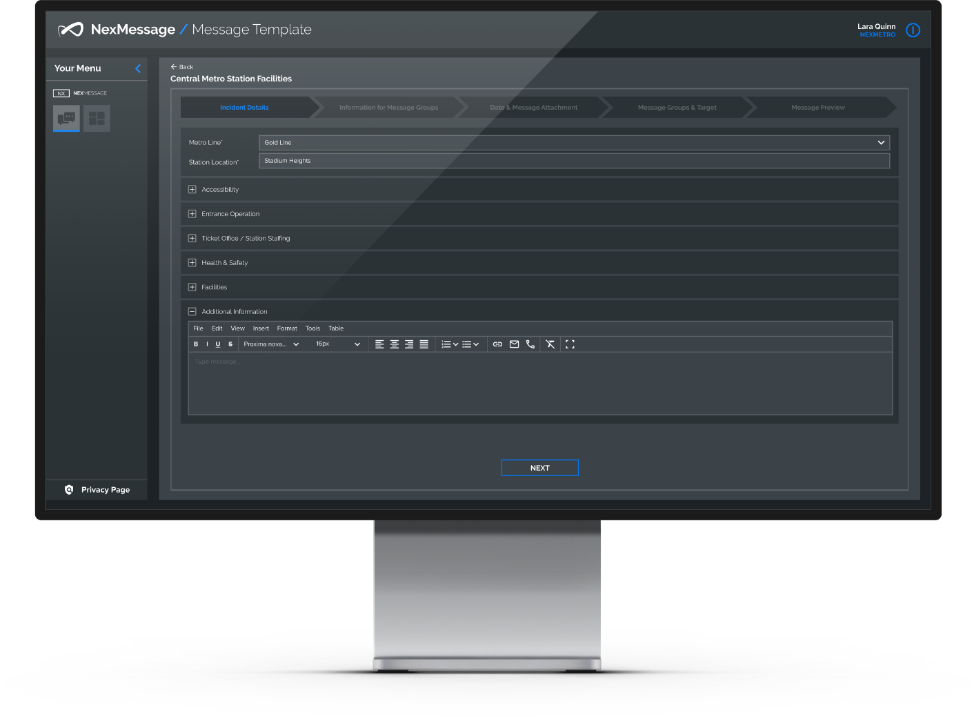 Computer monitor displaying a message template interface for reporting metro station incidents, with fields for metro line, station location, and additional information.