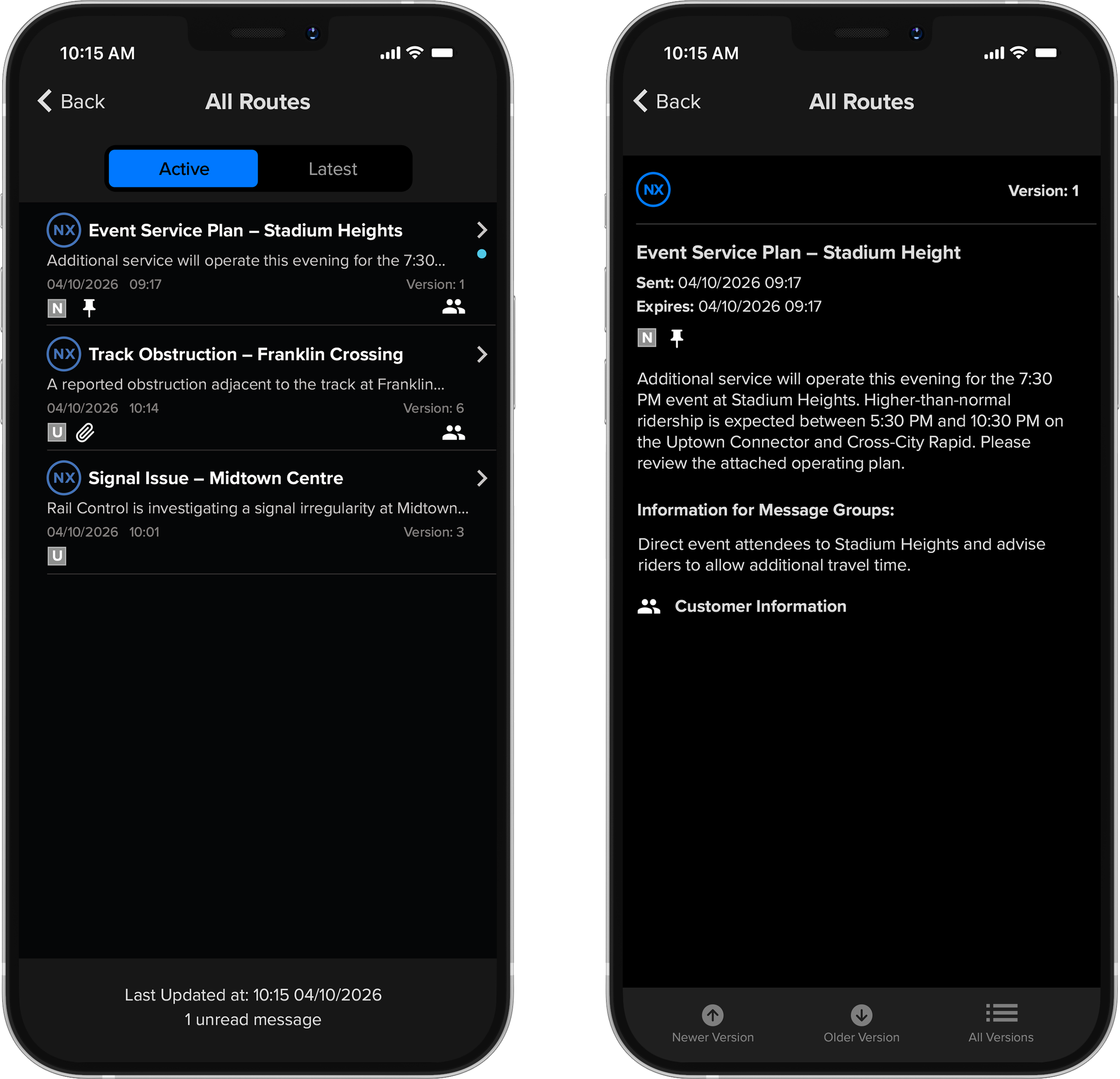 Screenshots of a mobile application displaying a list of routes and messages. The first screen shows the main route list with titles, times, and icons indicating route types. The second screen shows detailed message content for a selected route, with timestamps and description, along with navigation options at the bottom.