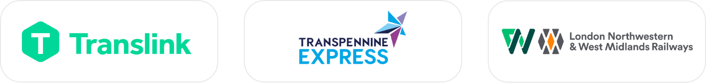 Logos of Translink, Transpennine Express, and London Northwestern & West Midlands Railways.
