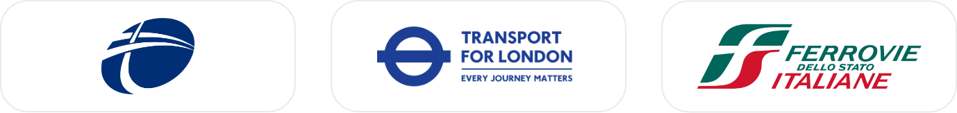 Three logos: the first is a stylized blue globe with a swoosh, the second is the Transport for London logo with a blue circle around a horizontal line, and the third is the Ferrovie dello Stato Italiane logo with green, red, and black colors.