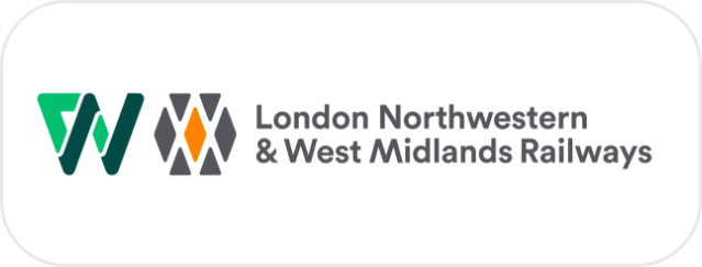 London Northwestern & West Midlands Railways logo with green, orange, gray, and black design elements and text.