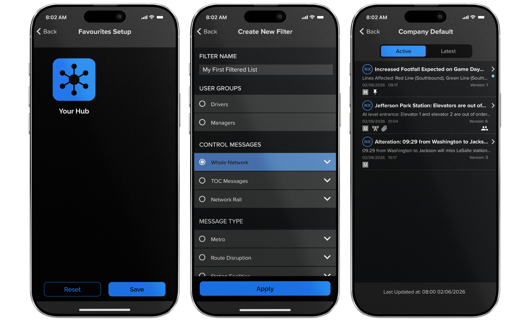 Three smartphone screens displaying a transportation or transit app. The first screen shows an app logo with a network-like icon and the text 'Your Hub.' The second screen shows settings for creating a filter list, including options for user groups, control messages, message types, and an application button. The third screen shows a list of notifications or messages, including alerts about increased footfall, elevator outages at Jefferson Park Station, and a train schedule alteration, with options to activate or view details.